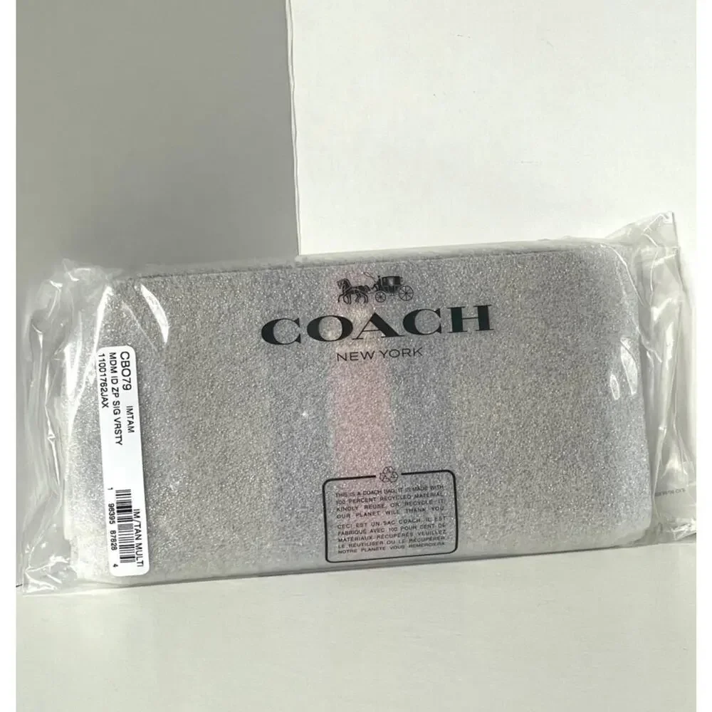 Coach Medium Zip Wallet Brown Signature Canvas Varsity Stripe ID CBO79